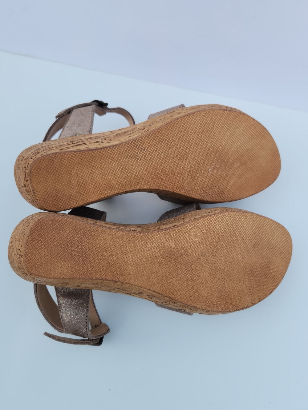Sundance Metallic Taupe Ankle Strap Suede Leather Cork Wedge - Picture 11 of 13